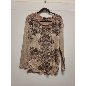 BLEU Womens Top Size L Brown Floral Long Sleeve Knit Blouse Shirt